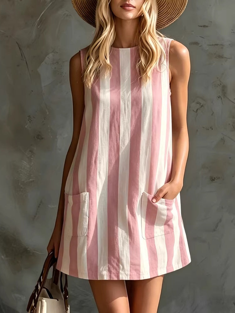 Margot | Mini Vestido de Rayas sin Mangas, Cuello Redondo