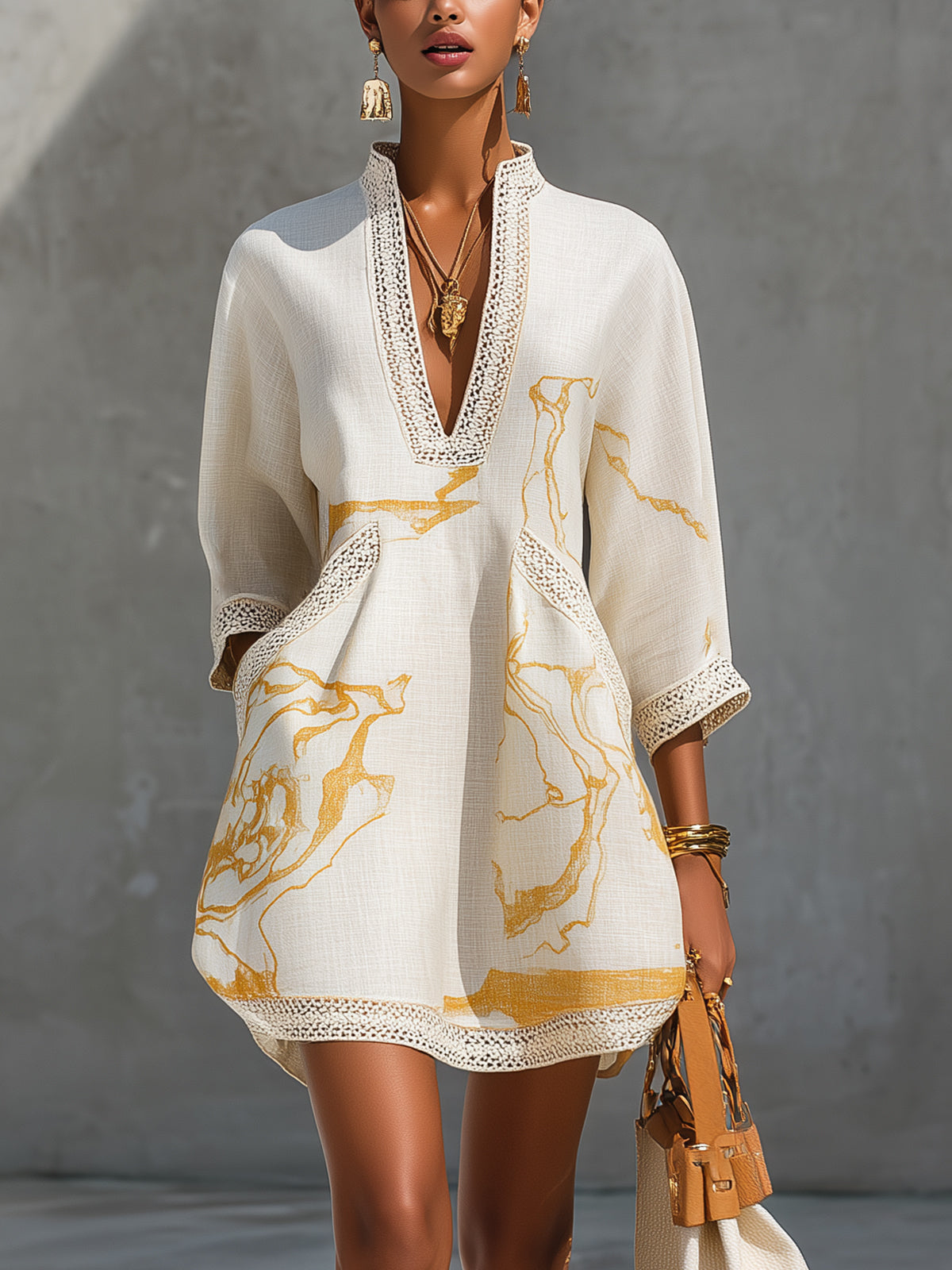 Vestido Mini Marfil | en Viscosa, Estampado Oro Marfil
