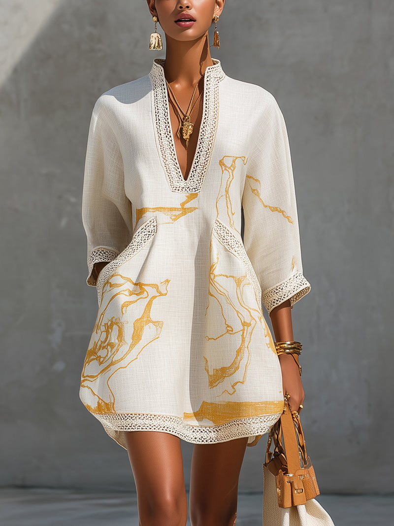 Vestido Mini Marfil | en Viscosa, Estampado Oro Marfil