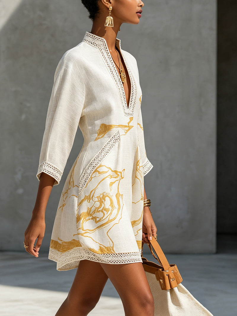 Vestido Mini Marfil | en Viscosa, Estampado Oro Marfil