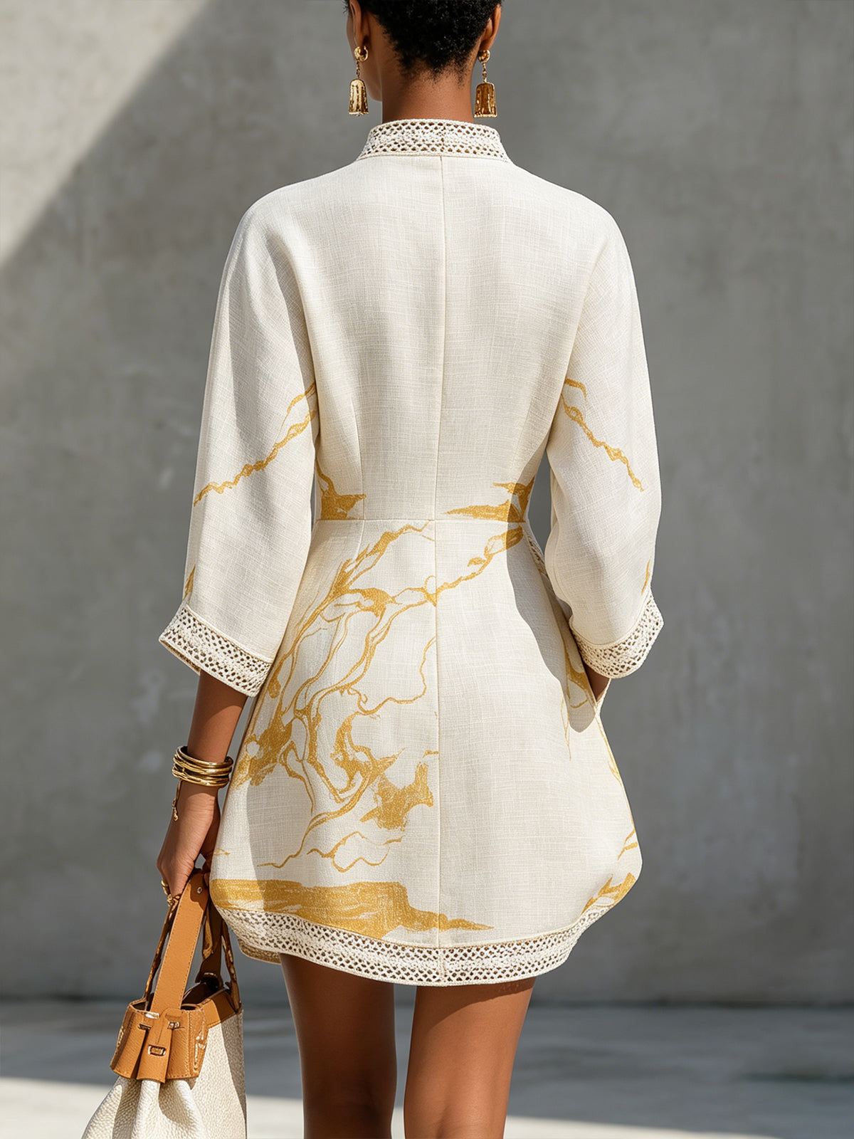 Vestido Mini Marfil | en Viscosa, Estampado Oro Marfil