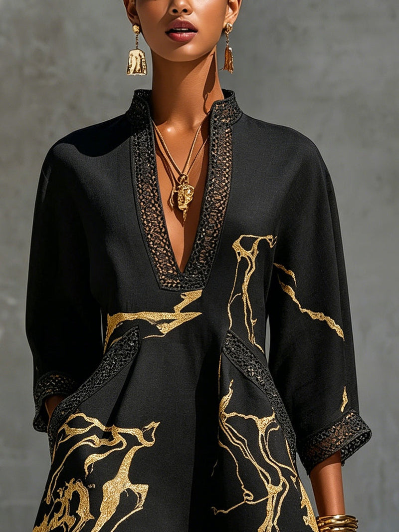 Ebony |Vestido de cuello en V mini, estampado negro y dorado