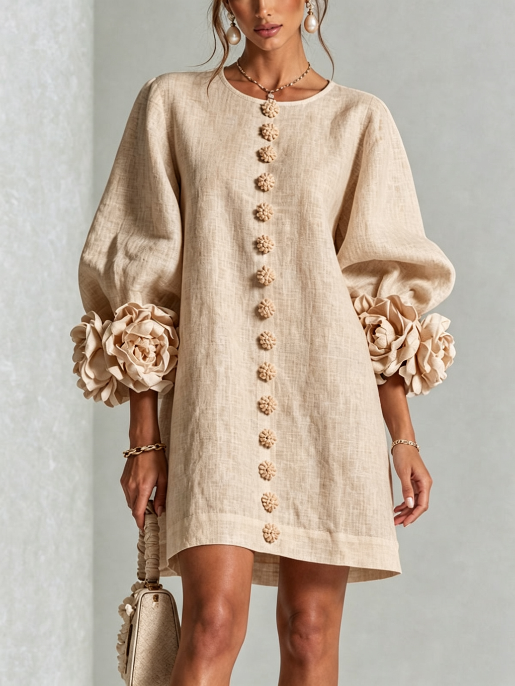 Cecilia | Vestido Mini de Mezcla de Lino con Puños Anudados en Flor