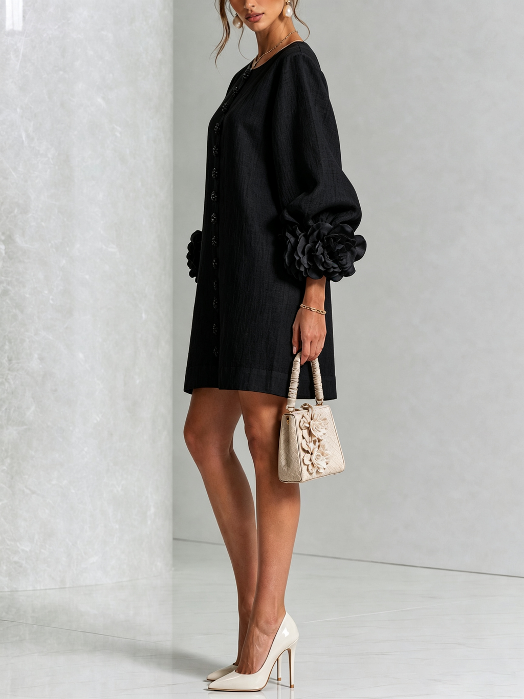 Cecilia | Vestido Mini de Mezcla de Lino con Puños Anudados en Flor