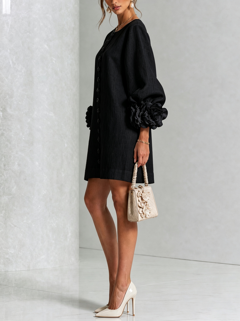 Cecilia | Vestido Mini de Mezcla de Lino con Puños Anudados en Flor, Negro