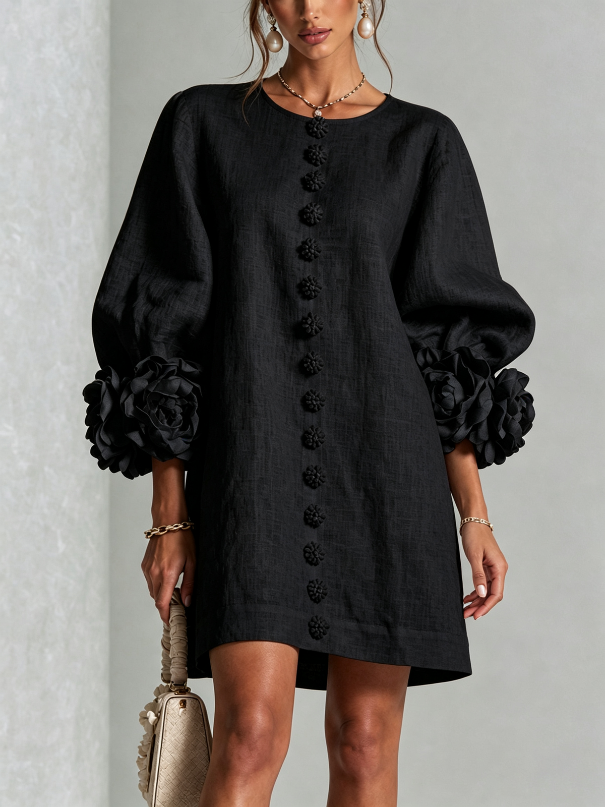 Cecilia | Vestido Mini de Mezcla de Lino con Puños Anudados en Flor, Negro