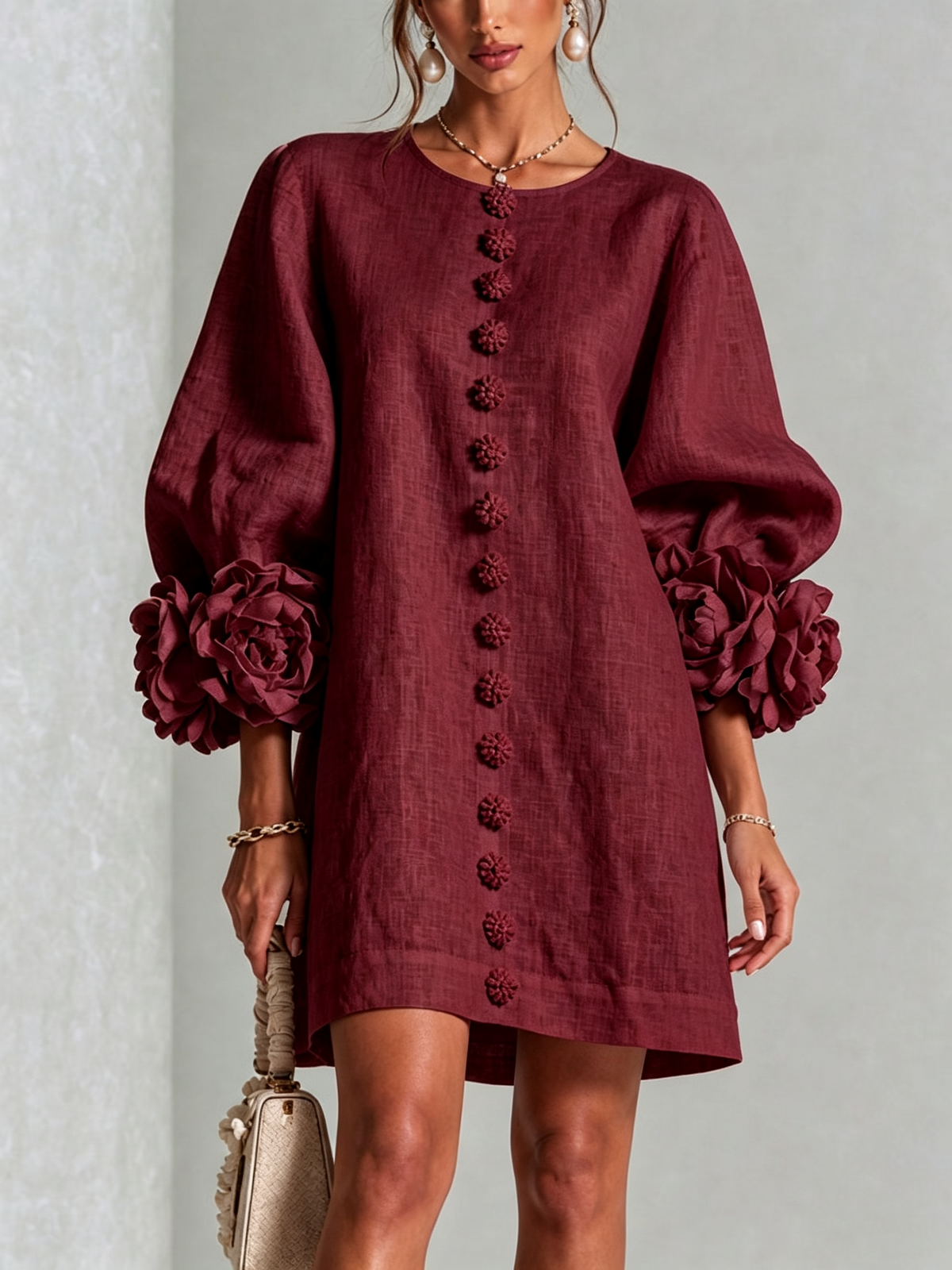 Cecilia | Vestido Mini de Mezcla de Lino con Puños Anudados en Flor