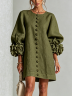 Cecilia | Vestido Mini de Mezcla de Lino con Puños Anudados en Flor