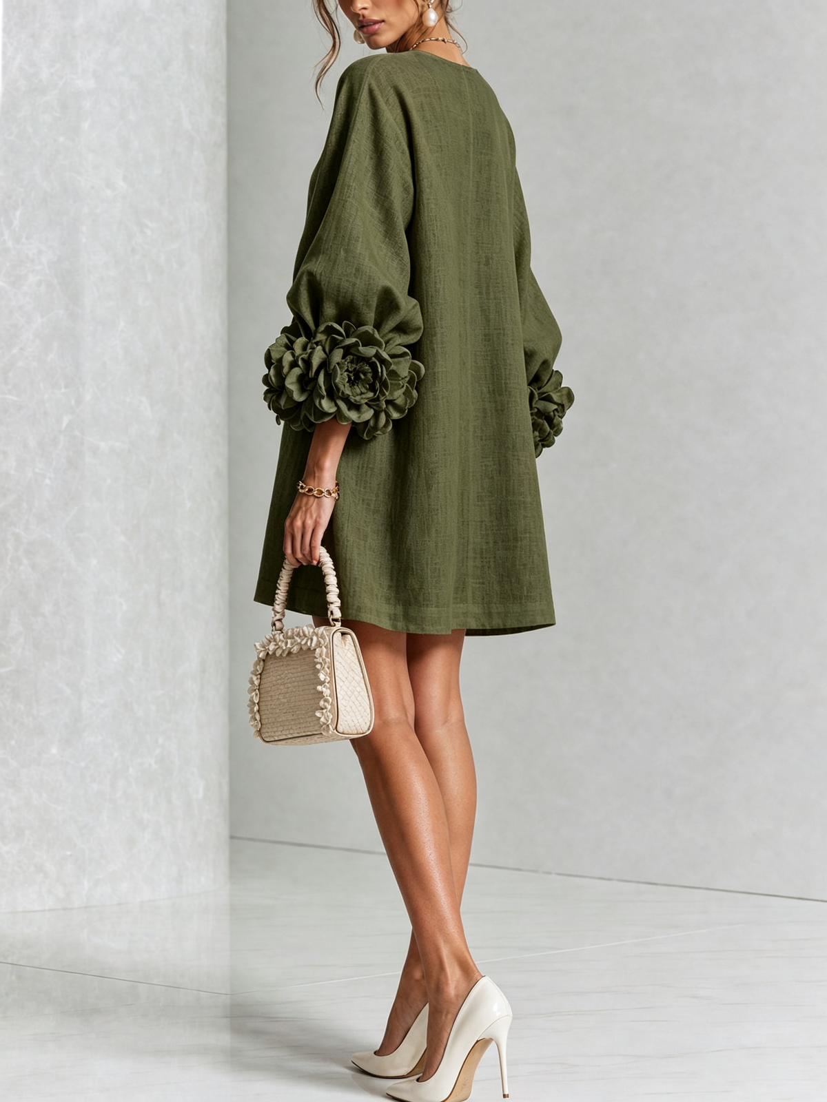 Cecilia | Vestido Mini de Mezcla de Lino con Puños Anudados en Flor
