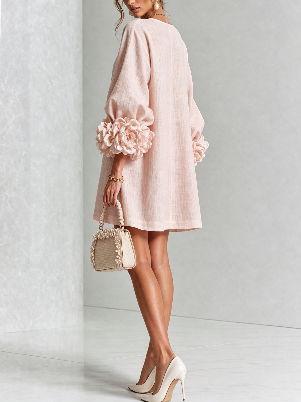Cecilia | Vestido Mini de Mezcla de Lino con Puños Anudados en Flor