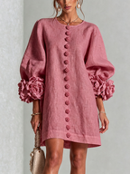 Cecilia | Vestido Mini de Mezcla de Lino con Puños Anudados en Flor