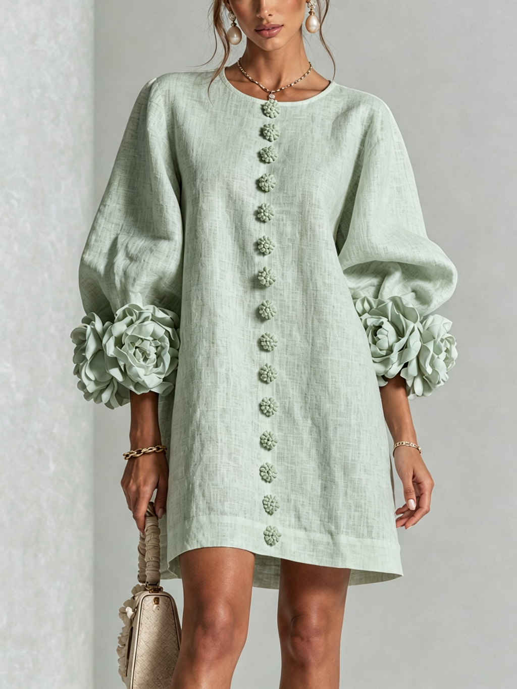 Cecilia | Vestido Mini de Mezcla de Lino con Puños Anudados en Flor