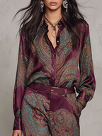 Gloria | Camisa de Seda de Manga Larga con Estampado Paisley Burdeos y Pantalones de Pierna Ancha