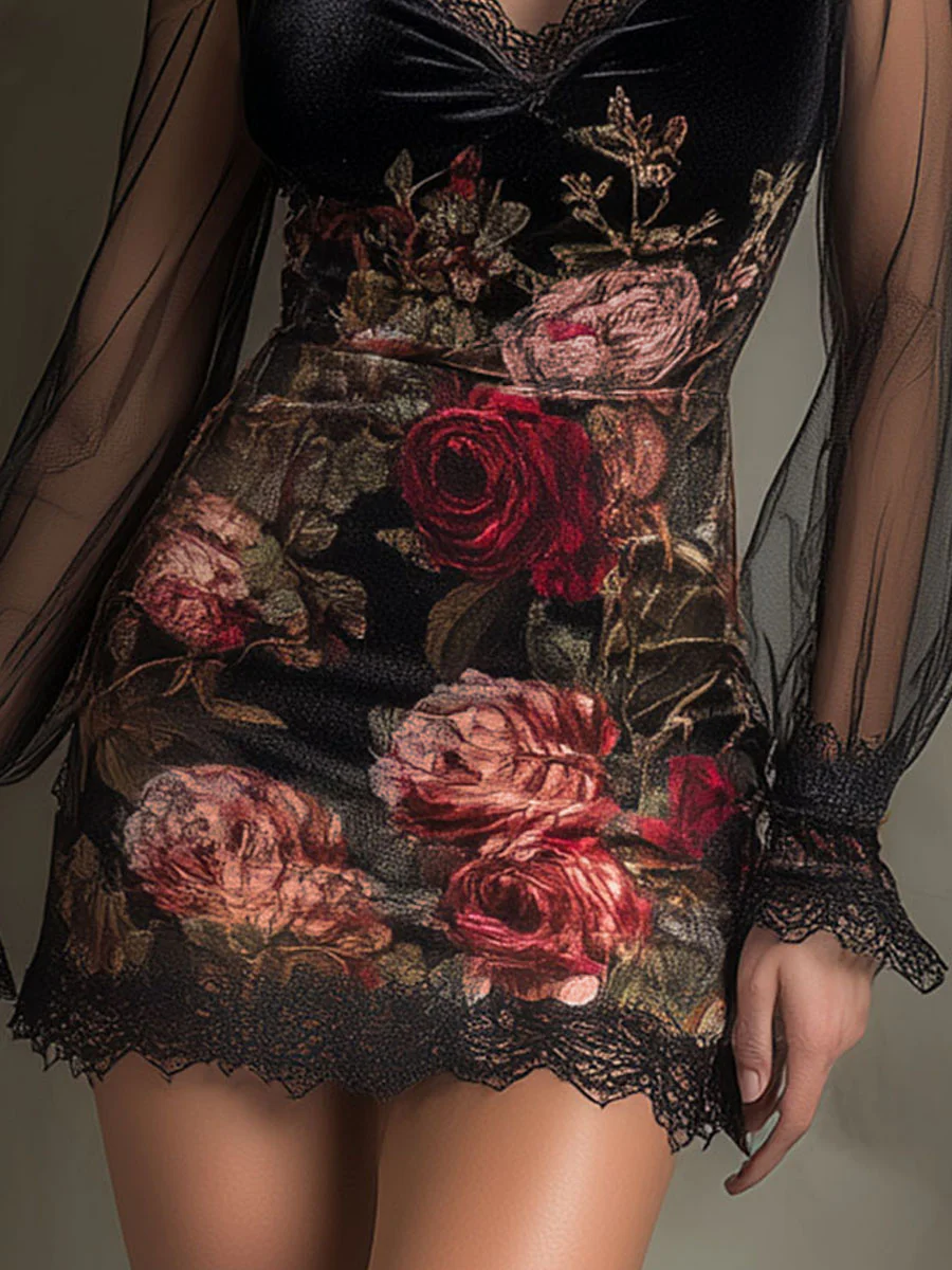 Eglantina | Mini Vestido en Tul, Estampado Rosa y Encaje