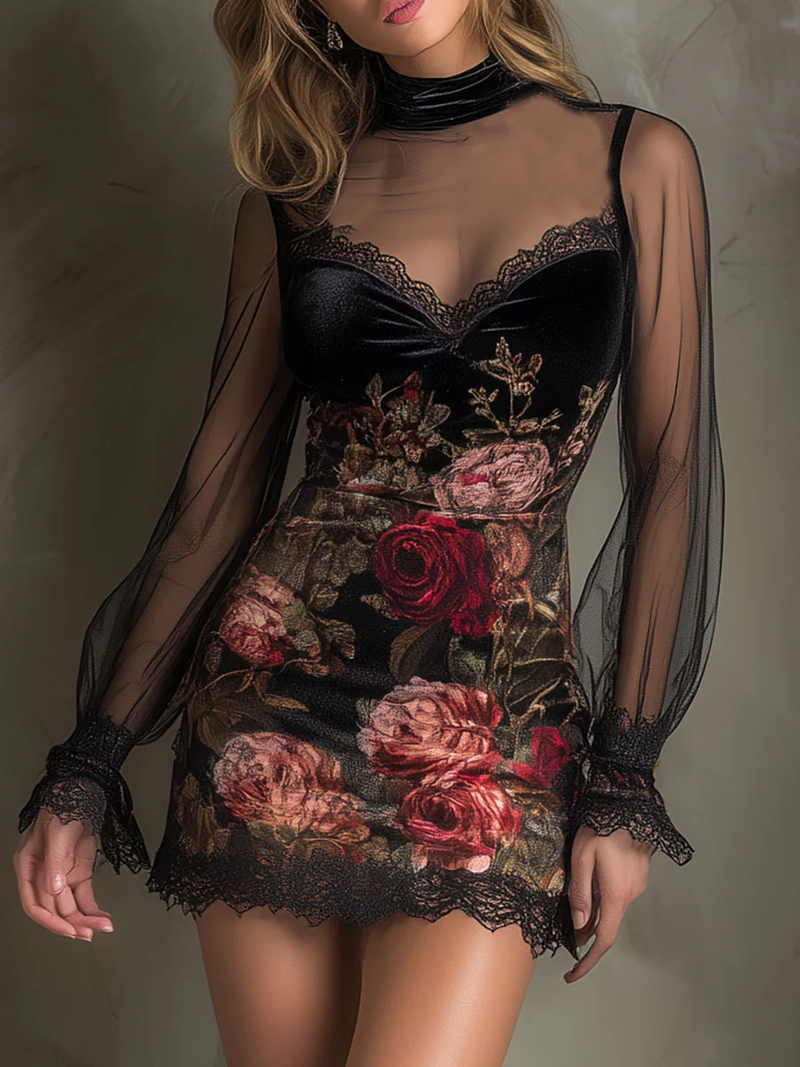 Eglantina | Mini Vestido en Tul, Estampado Rosa y Encaje