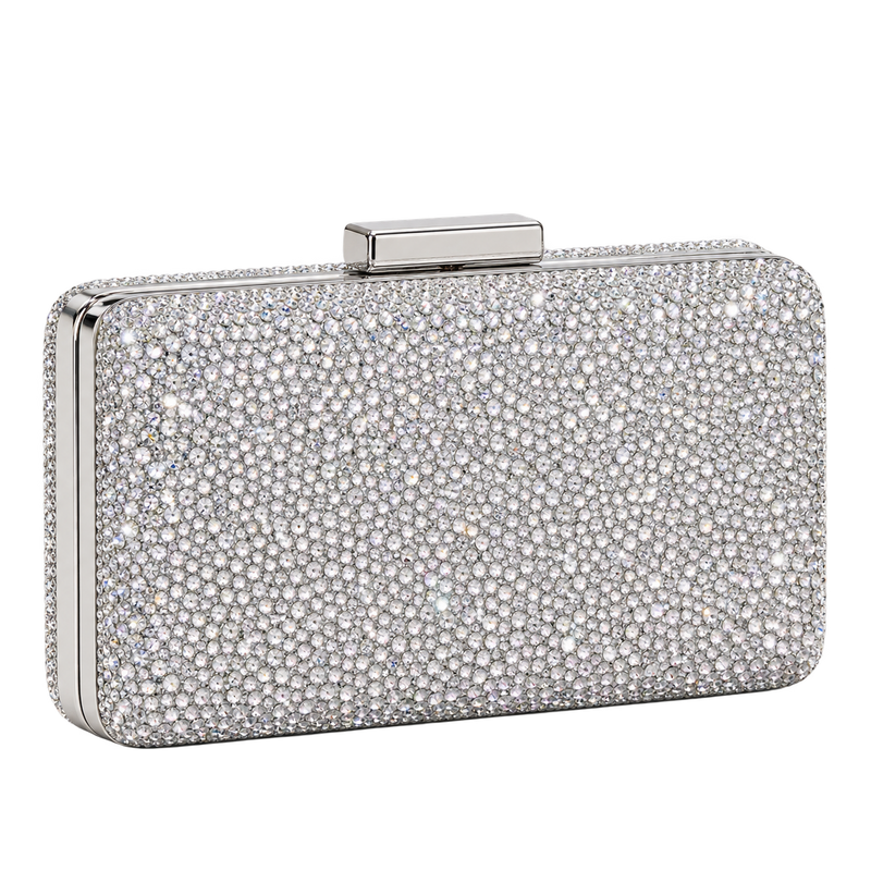 Clutch Amalia plateado rectangular con pedrería y cierre superior