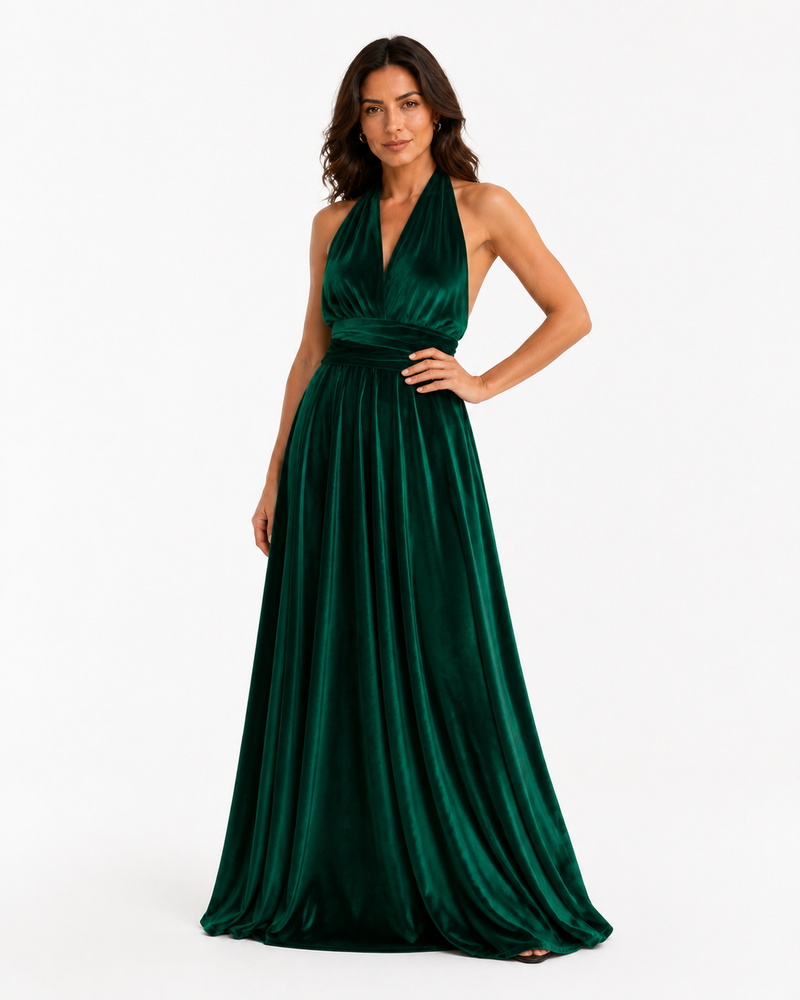 Aurora · Vestido Maxi Convertible de Terciopelo en verde esmeralda, vista frontal de cuerpo entero