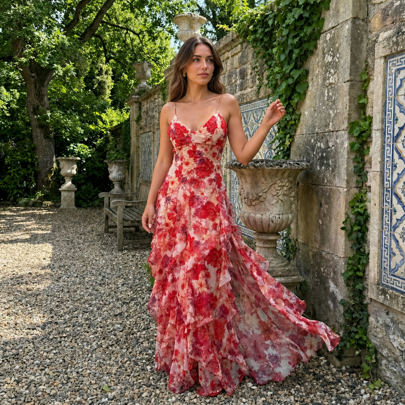Cyranne - Vestido maxi con estampado floral y volantes