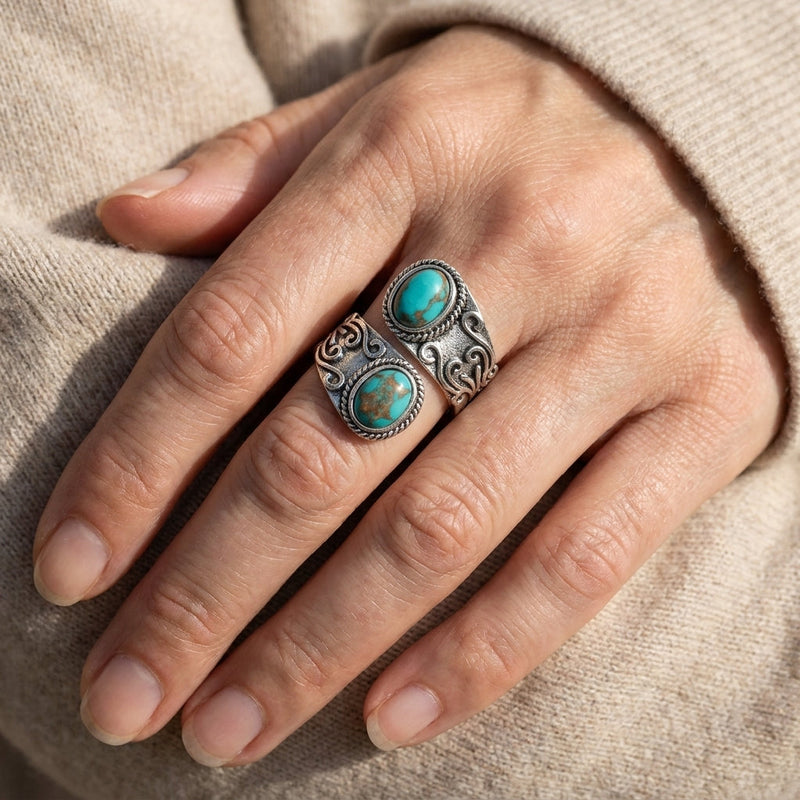 Calista™ - Anillo Envolvente de Plata con Doble Turquesa