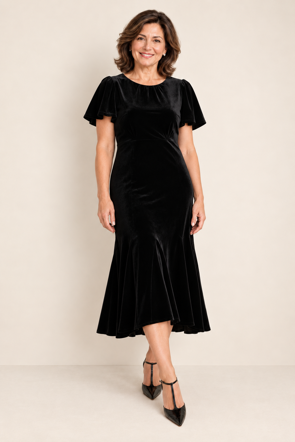 Vestido midi Elodie de terciopelo negro, vista frontal completa