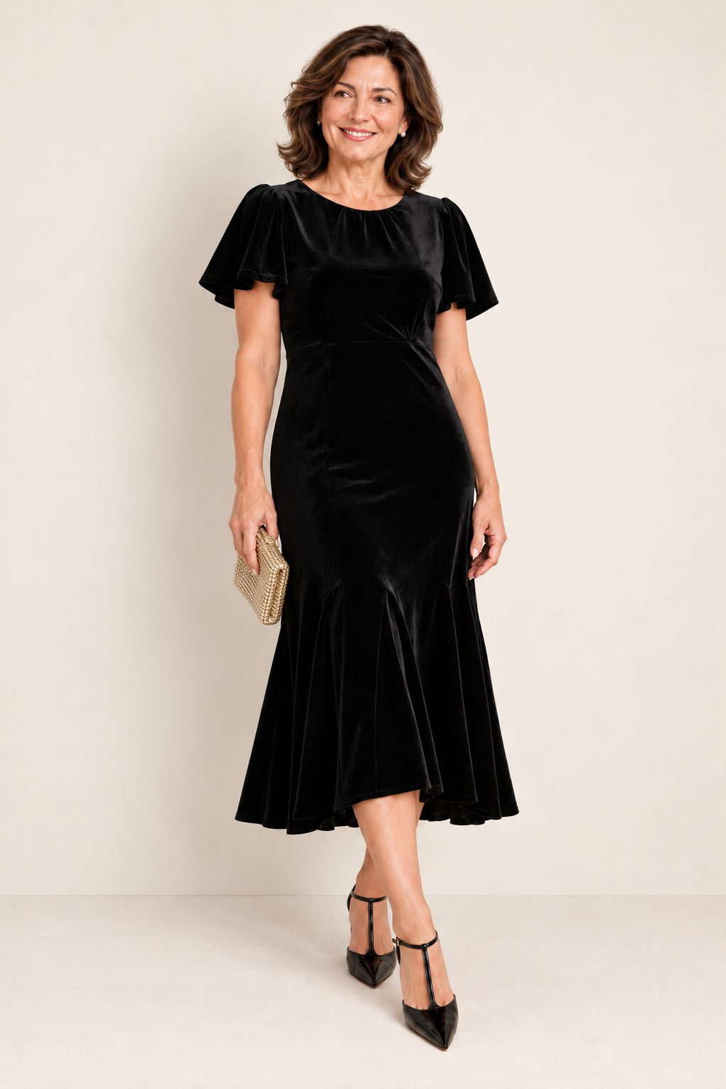 Vestido midi Elodie de terciopelo negro con clutch dorado