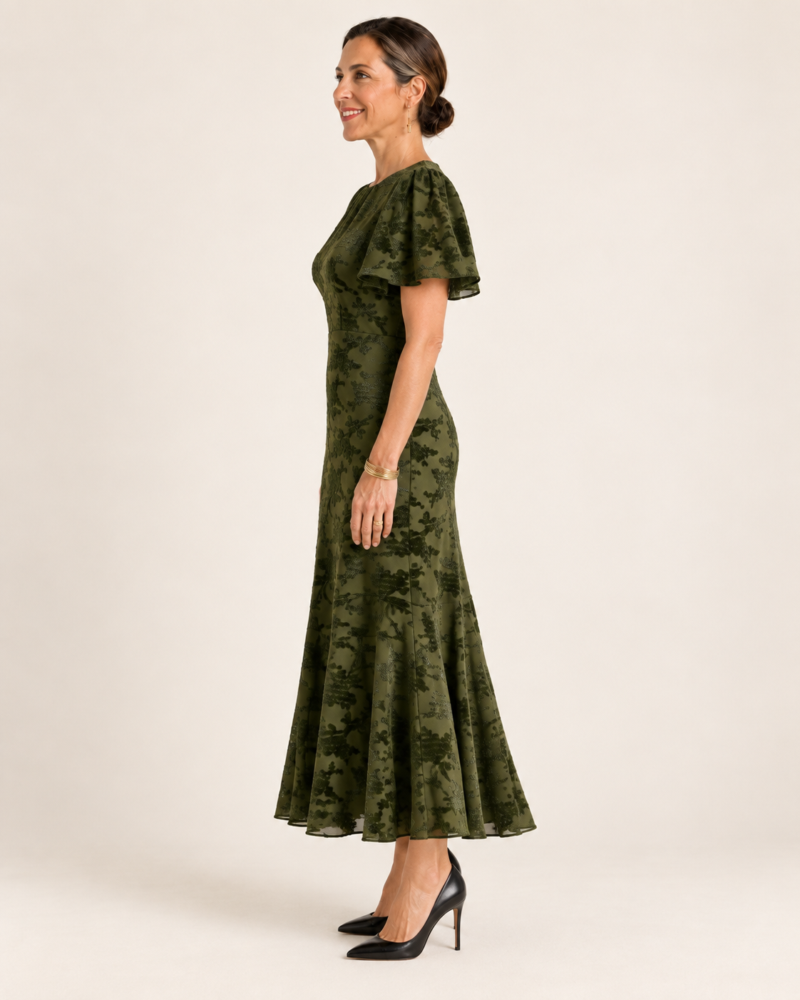 Vestido midi Elodie verde oliva, vista lateral