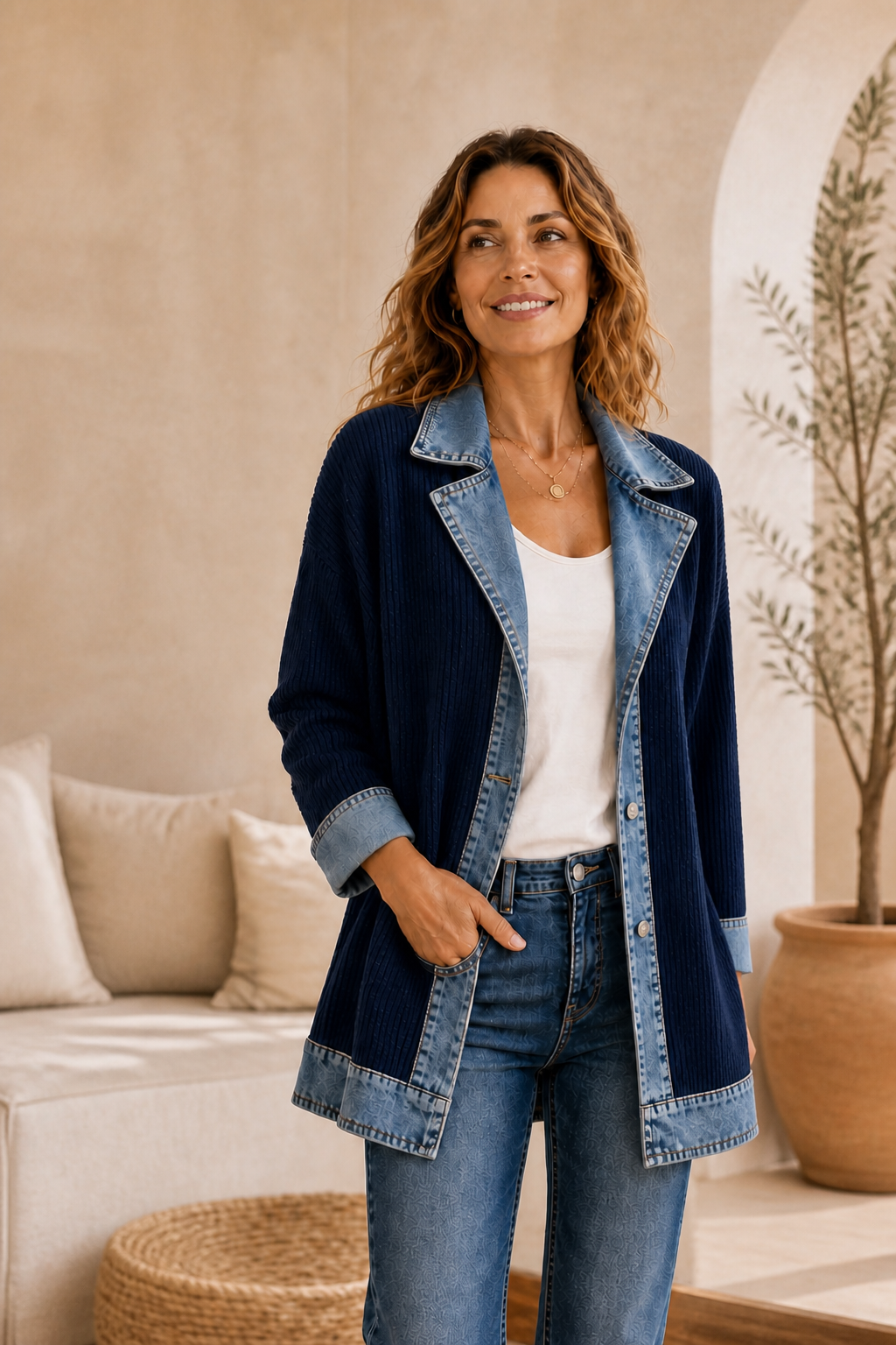 Liora · Chaqueta de Punto con Detalles Vaqueros