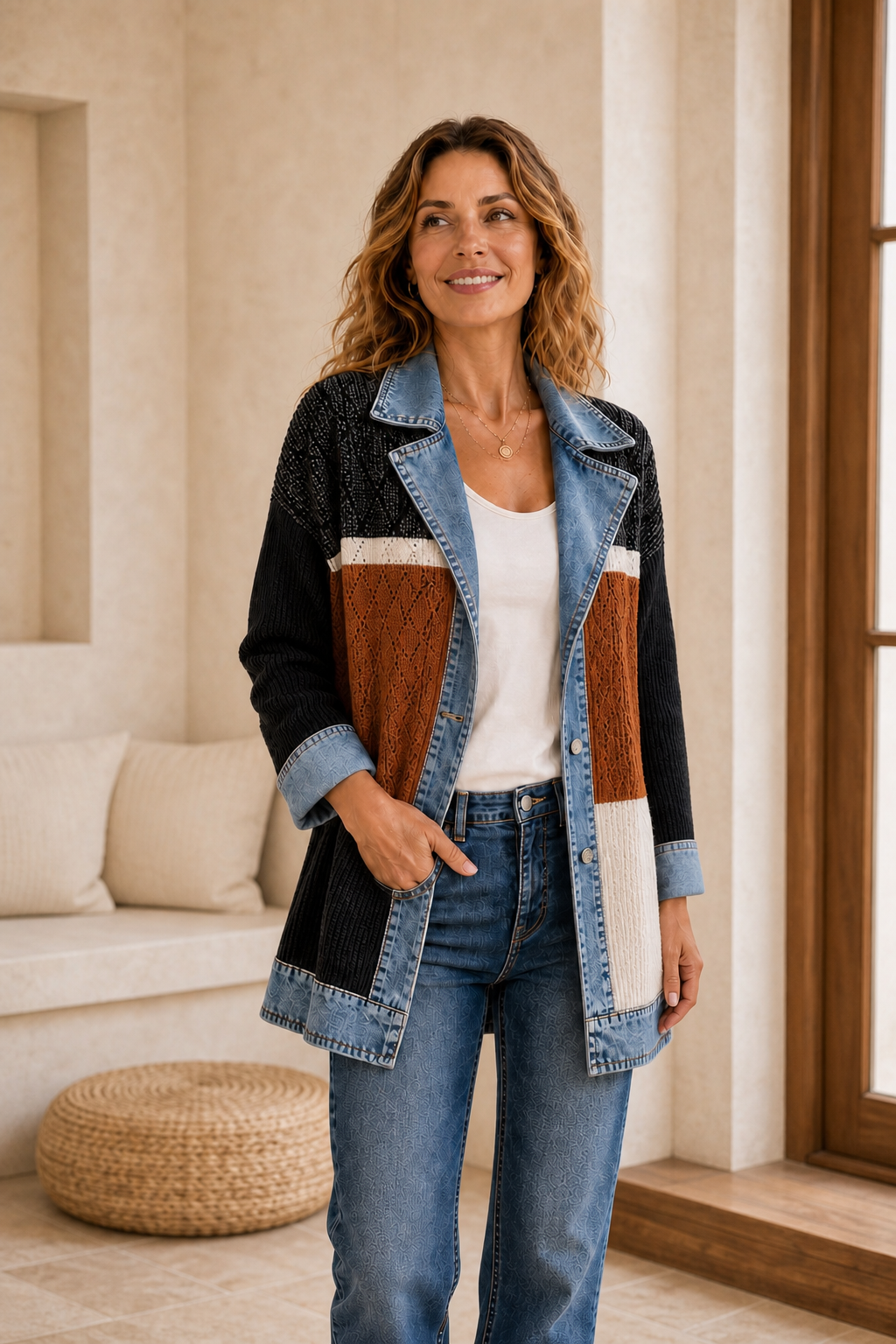 Liora · Chaqueta de Punto con Detalles Vaqueros