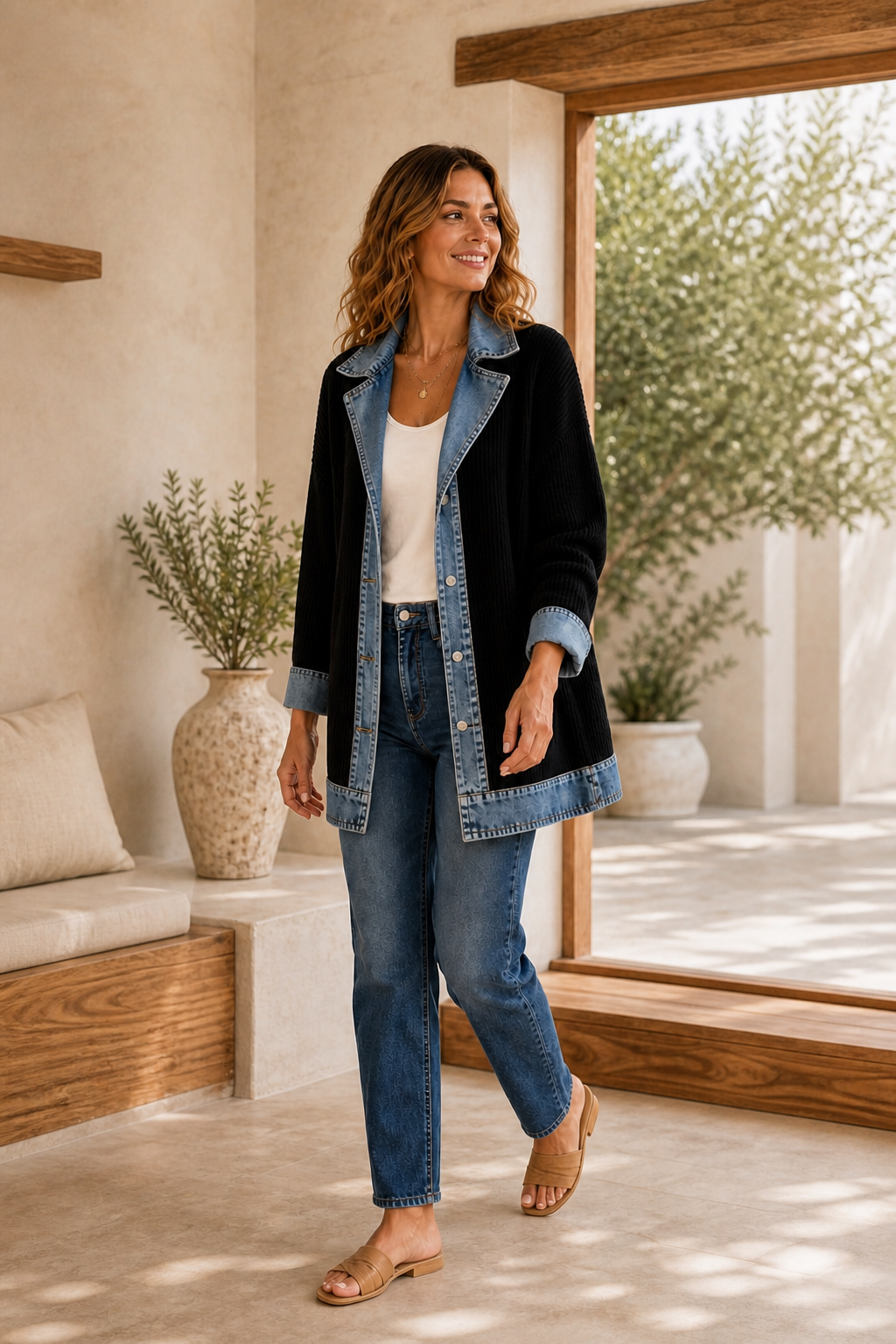 Liora · Chaqueta de Punto con Detalles Vaqueros