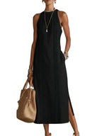 Jimena — Vestido maxi halter con abertura lateral