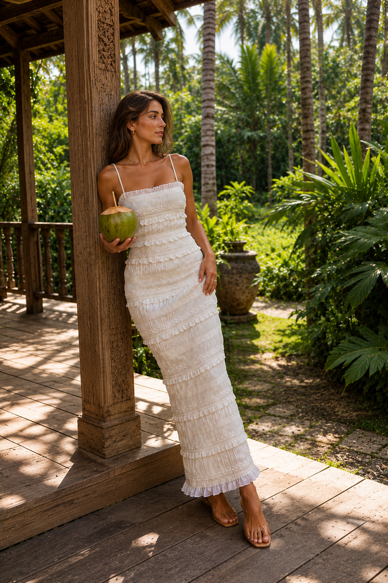 SOLARA | Vestido Maxi de Lentejuelas con Volantes