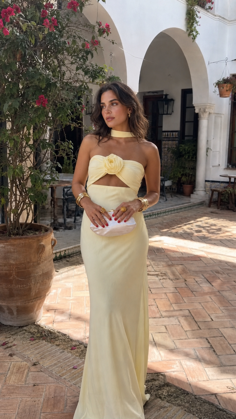 Vestido Gardenia — Maxi Halter con Rosa Corsage