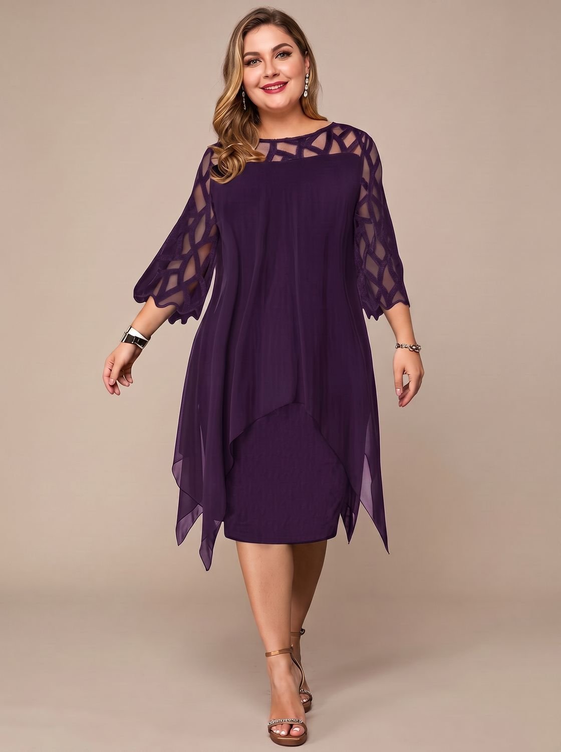 Vestido Adriana morado de gasa y encaje para tallas grandes