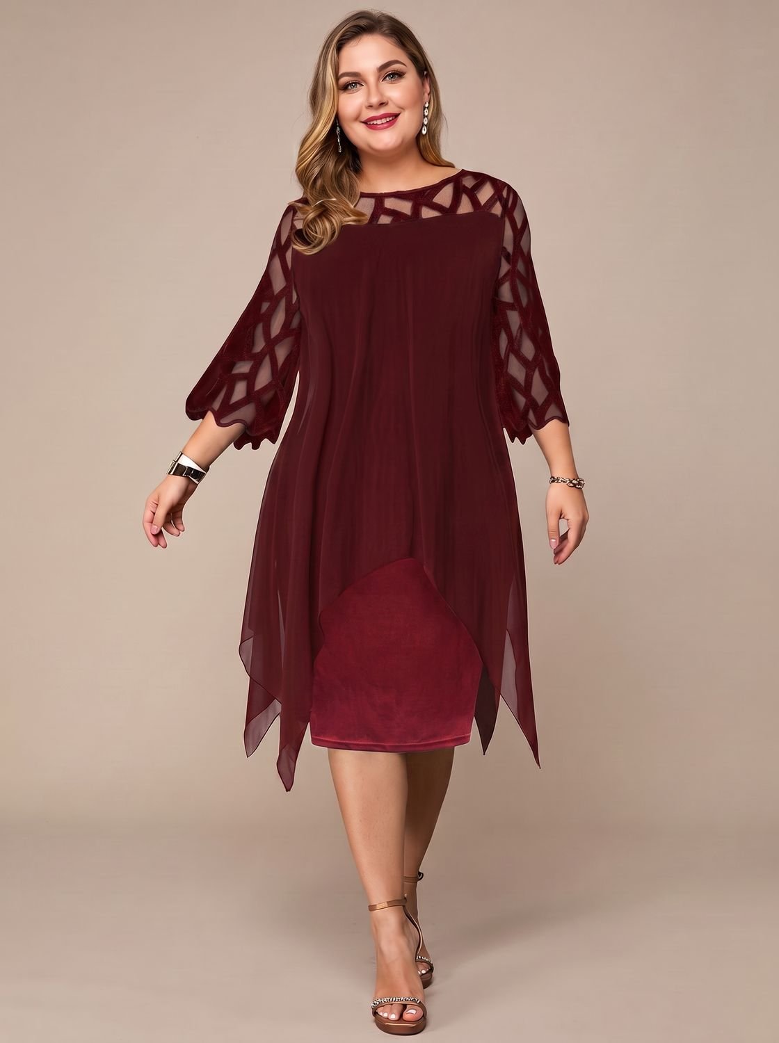 Vestido Adriana burdeos de gasa y encaje para tallas grandes