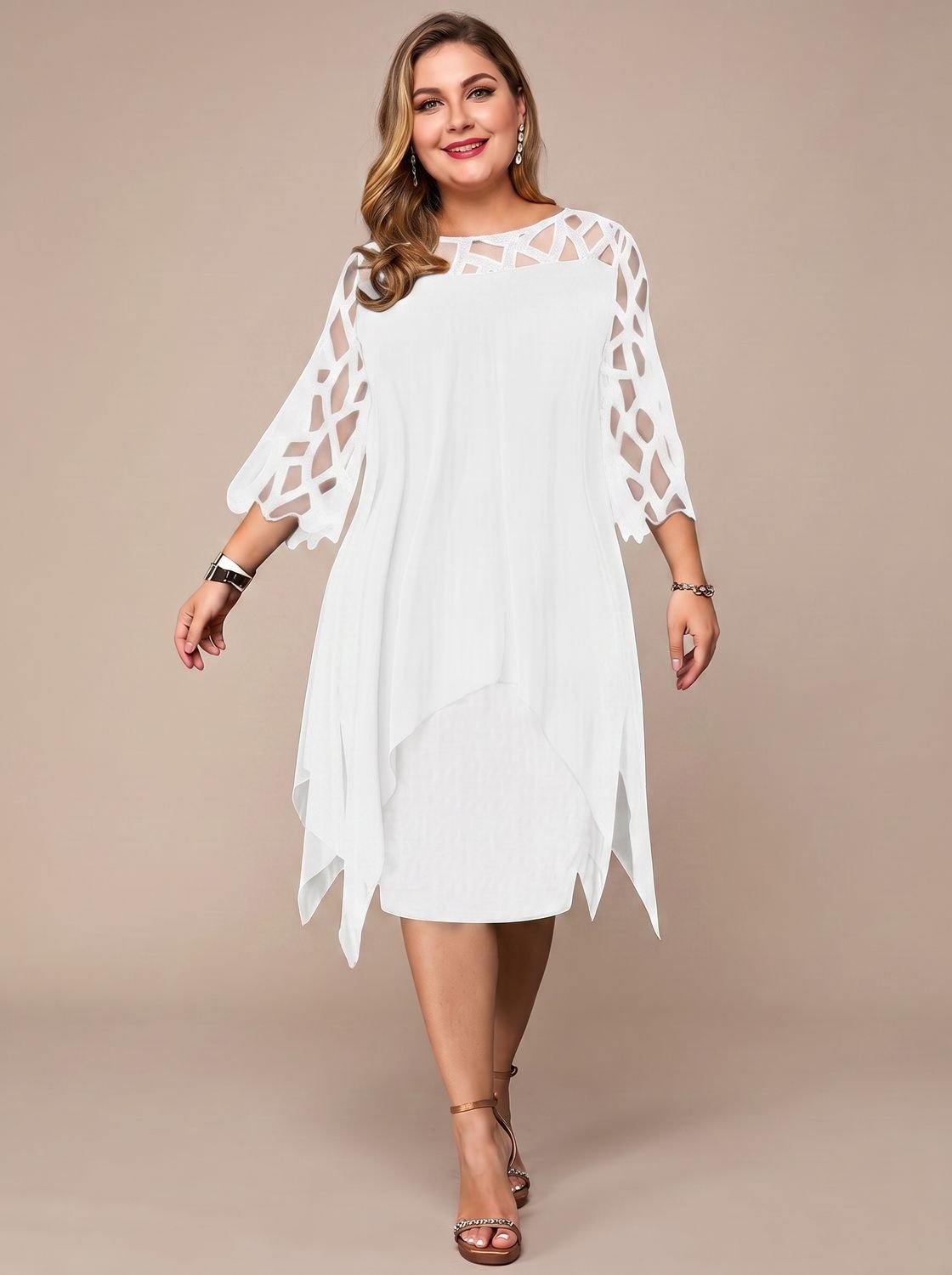 Vestido Adriana blanco de gasa y encaje para tallas grandes