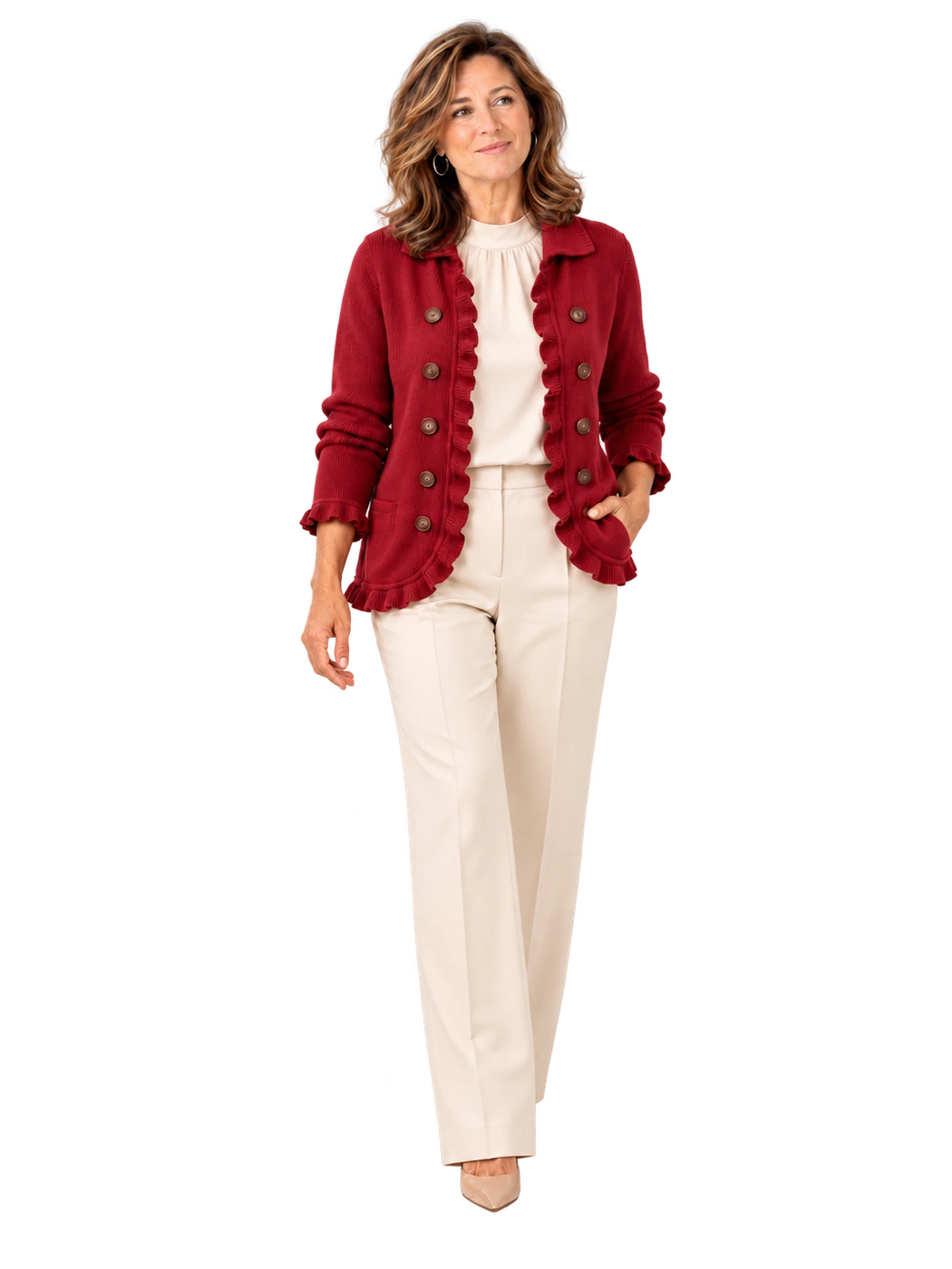 Marta | Chaqueta de Punto Canalé Rojo Rubí con Volantes en la modelo de Leonor Marín