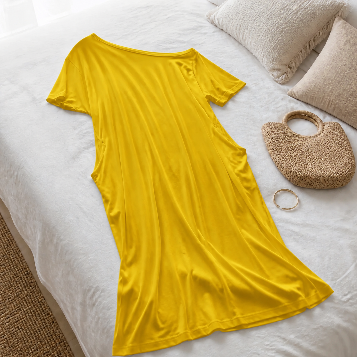 Vestido Altea Amarillo · detalle sobre la cama