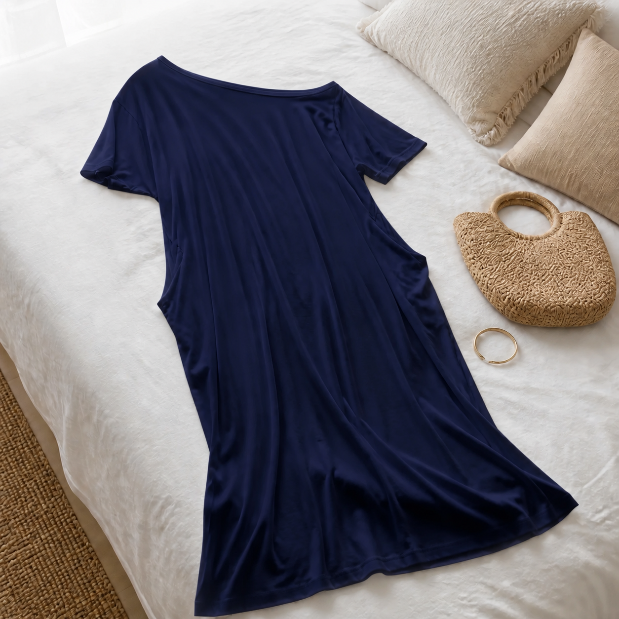 Vestido Altea Azul marino · detalle sobre la cama