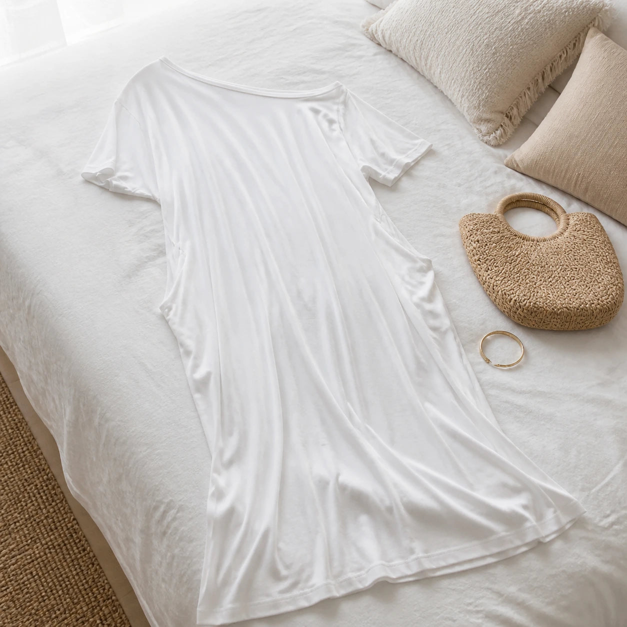Vestido Altea Blanco · detalle sobre la cama
