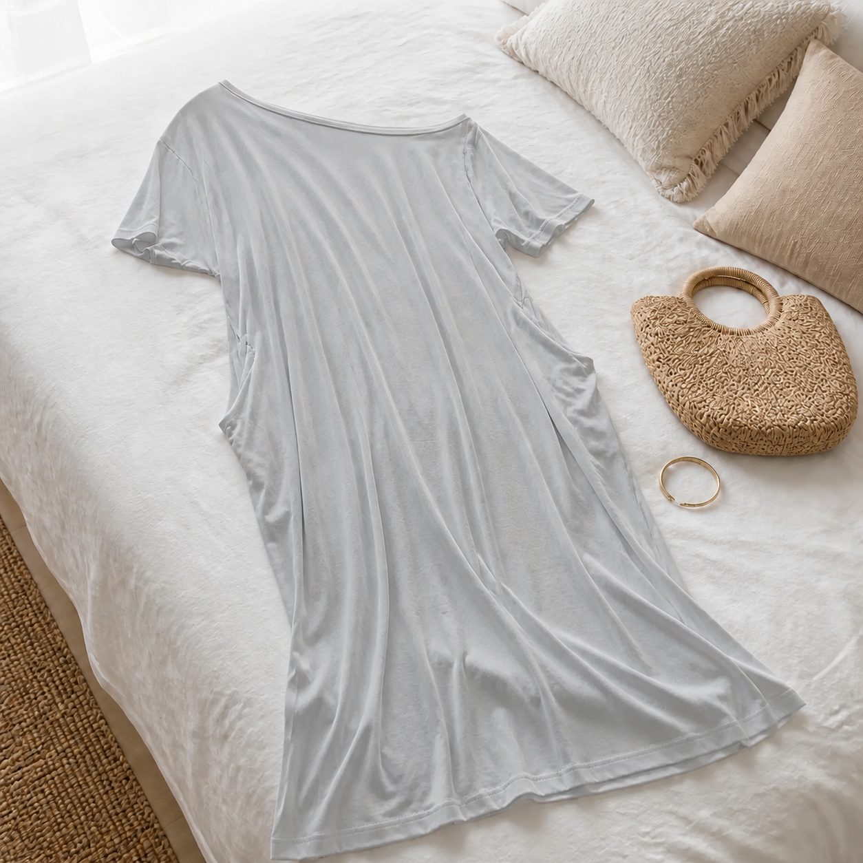 Vestido Altea Gris claro · detalle sobre la cama