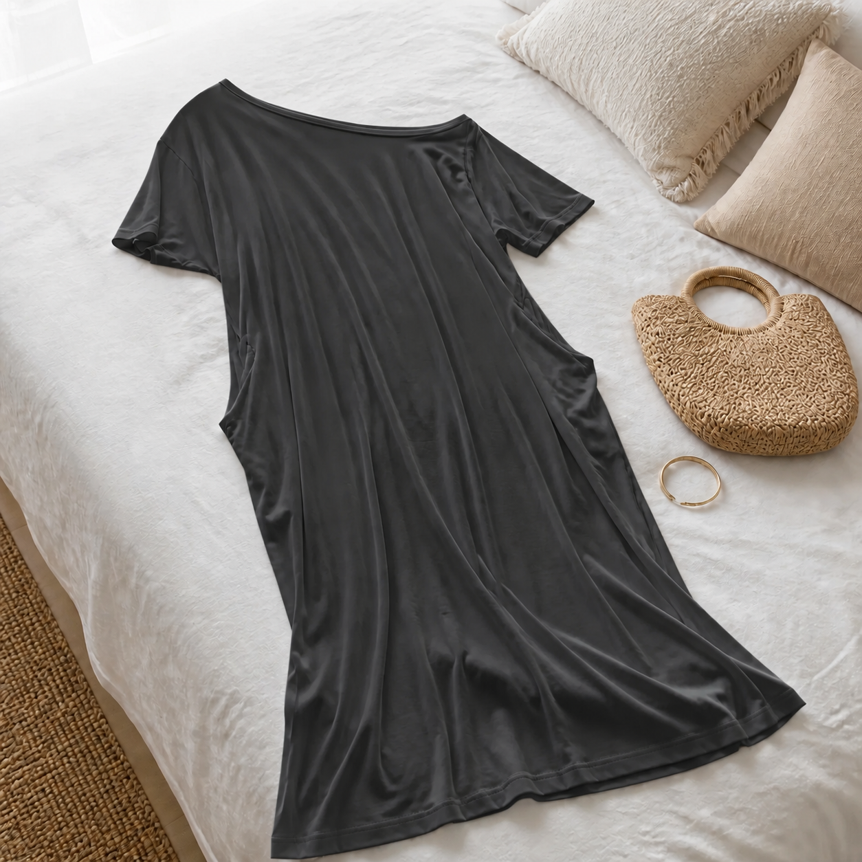 Vestido Altea Gris oscuro · detalle sobre la cama