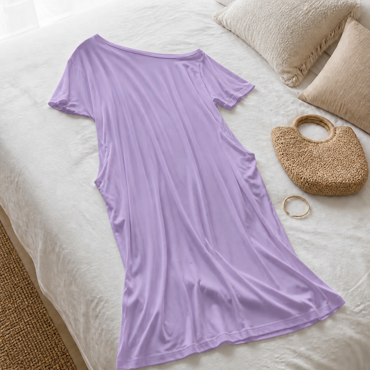 Vestido Altea Lila · detalle sobre la cama