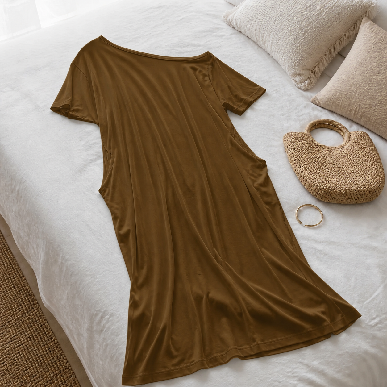 Vestido Altea Marrón · detalle sobre la cama
