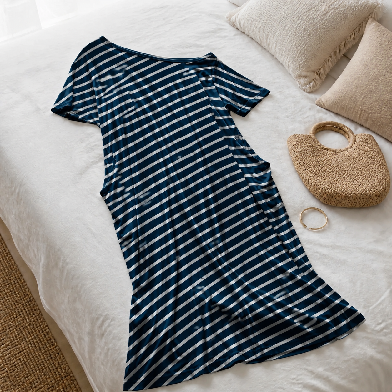 Vestido Altea estampado Rayas · detalle sobre la cama