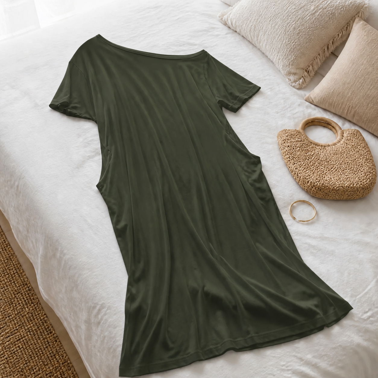 Vestido Altea Verde militar · detalle sobre la cama
