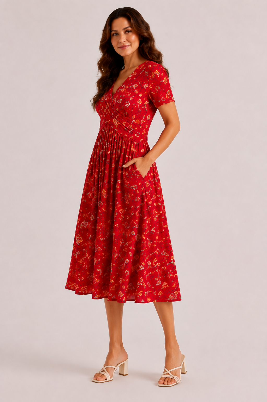 Vista lateral del vestido Azalea rojo