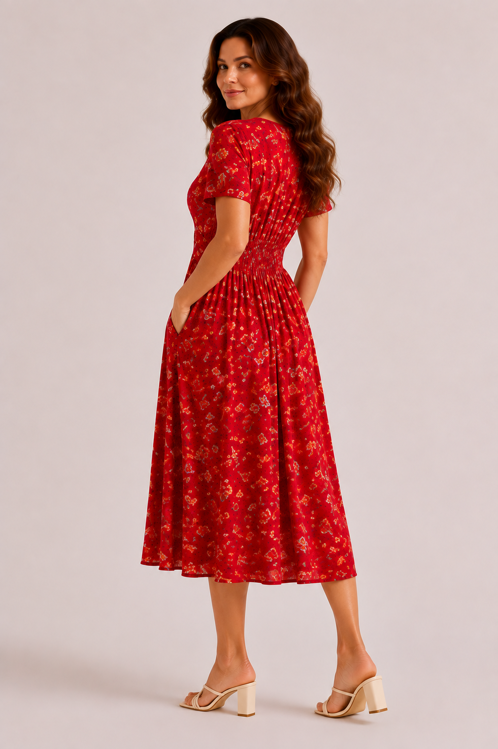 Vista trasera del vestido Azalea rojo