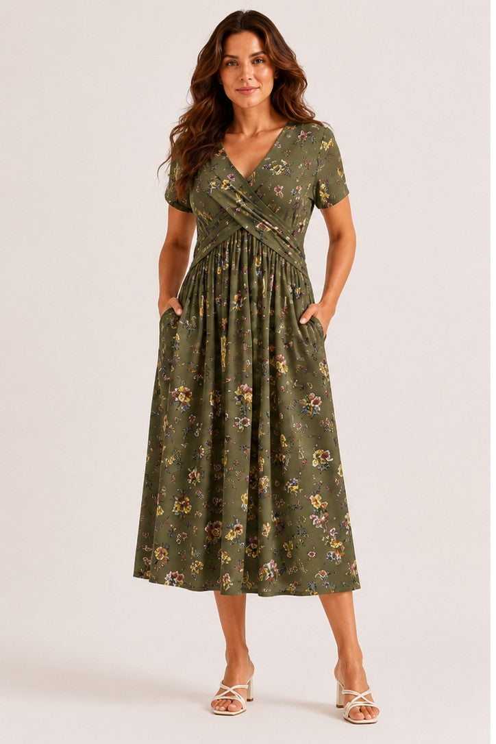 Vista frontal del vestido Azalea verde oliva