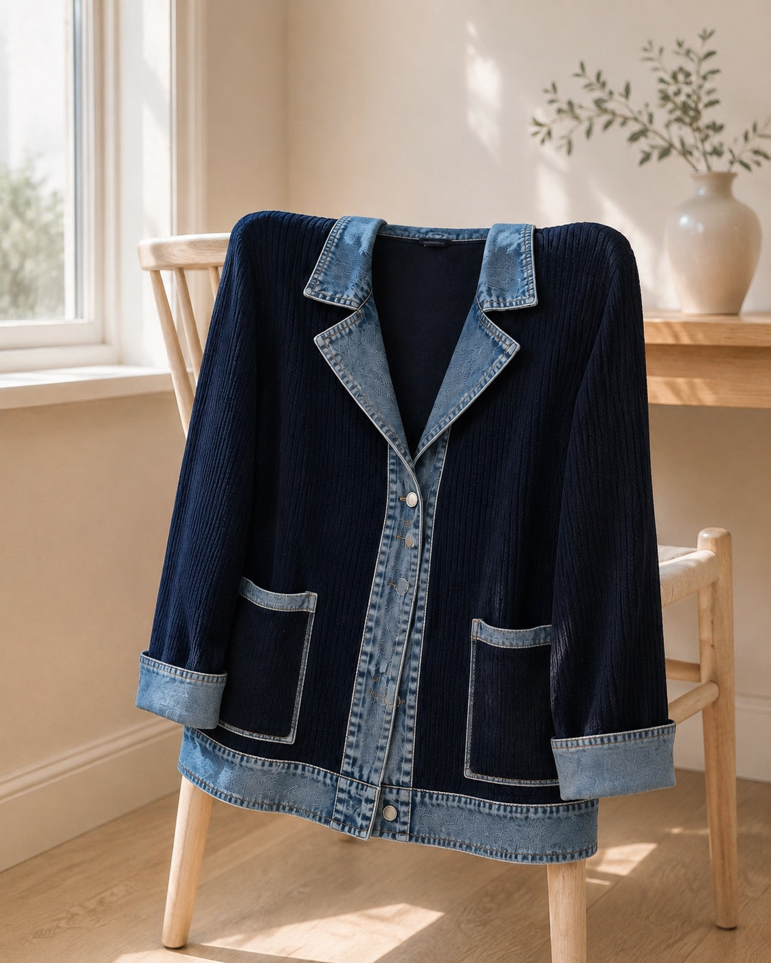 Chaqueta Liora azul marino colocada sobre una silla
