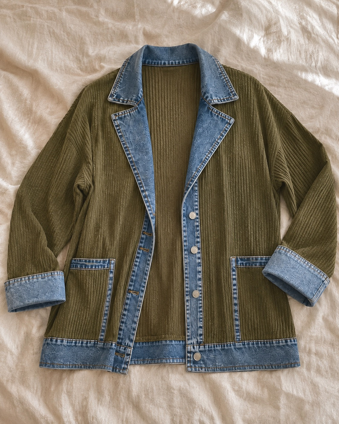Chaqueta Liora caqui extendida sobre una cama